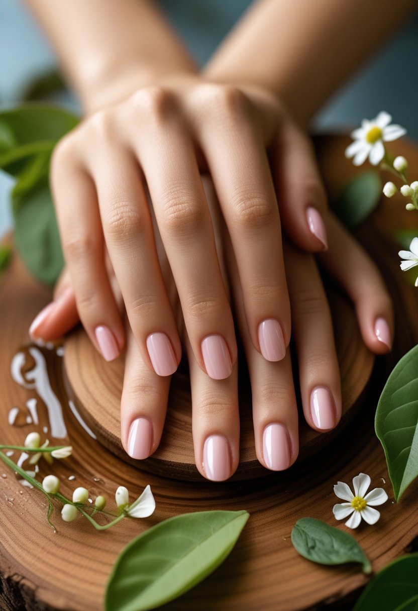 Close-up of a young woman's hands with natural-looking manicured nails resting on a wooden surface surrounded by green leaves and white flowers.